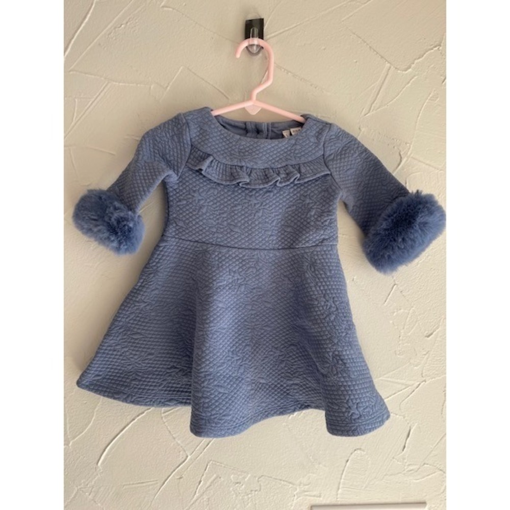 Janie and Jack Sweater Dress Blue Fur Sleeve 12-18 Months